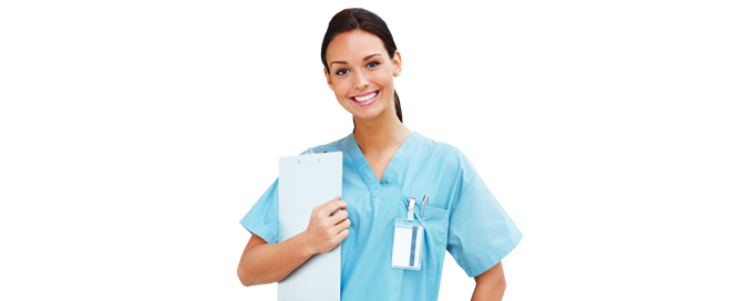 Female nurse smiling holding a clipboard